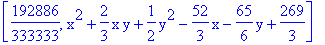 [192886/333333, x^2+2/3*x*y+1/2*y^2-52/3*x-65/6*y+269/3]